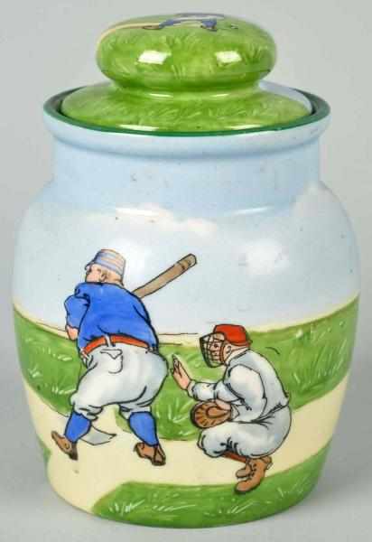 Appraisal: Porcelain Tobacco Jar Austrian Depicting a baseball player and catcher