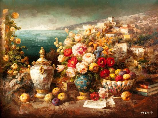 Appraisal: Robbens Continental th century Fruit and Floral Still Life Overlooking