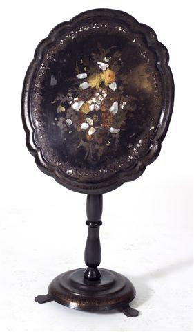 Appraisal: VICTORIAN PAPIER-MACHE TILT-TOP OCCASIONAL TABLE the oval scalloped top inlaid