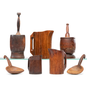 Appraisal: Seven Wooden Kitchen Articles American th Century including three pitchers