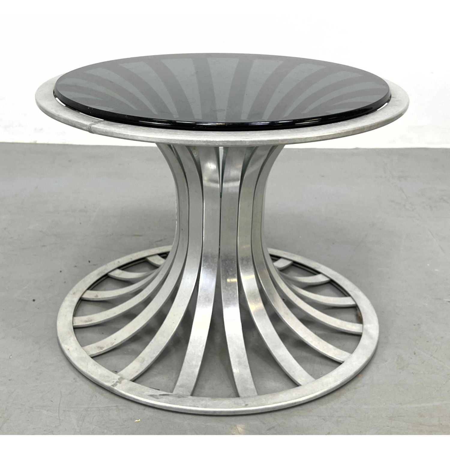 Appraisal: RUSSELL WOODARD Corseted Metal Base Table Thick Round Smoked Glass