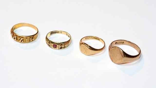 Appraisal: AN CT GOLD MIZPAH RING a ruby ring and two