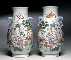 Appraisal: PAIR ANTIQUE FAMILLE ROSE VASES Pair large and very elaborately