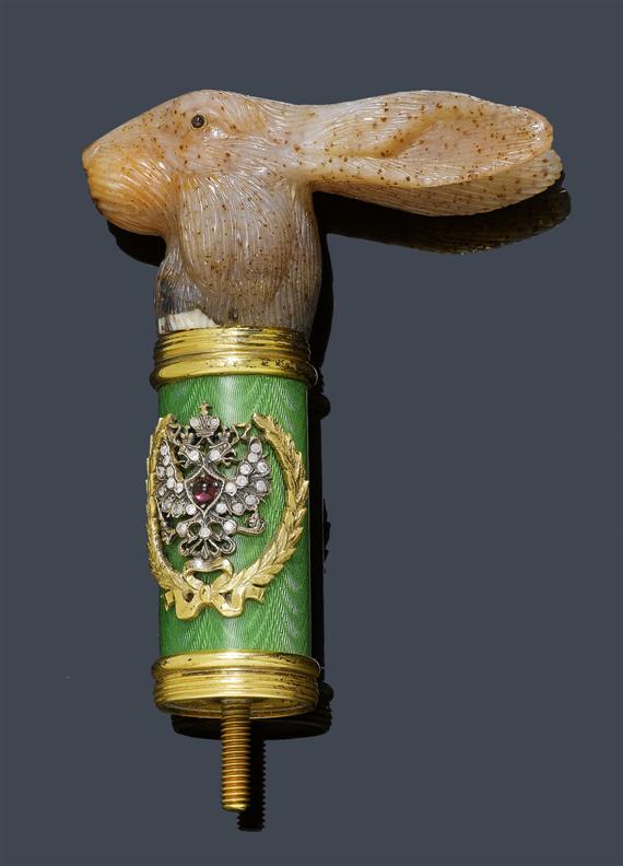 Appraisal: CHALCEDONY ENAMEL AND DIAMOND CANE HANDLE Moscow - Silver gold-plated