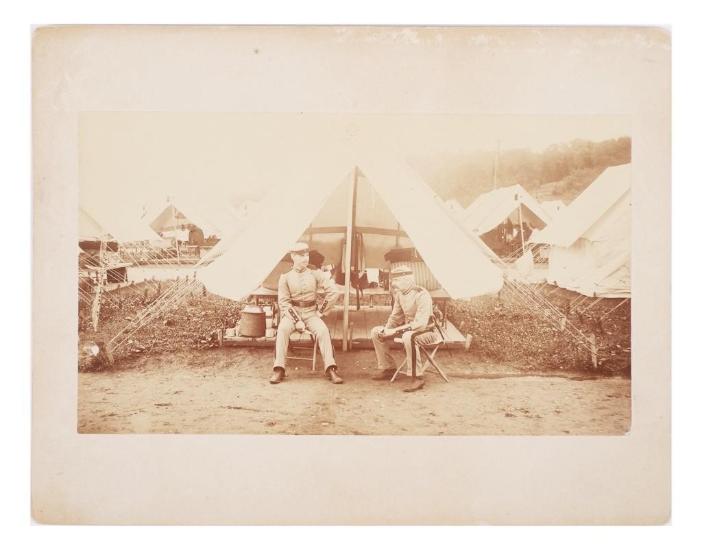 Appraisal: Antique photo of two solders smoking pipes outside tent believed