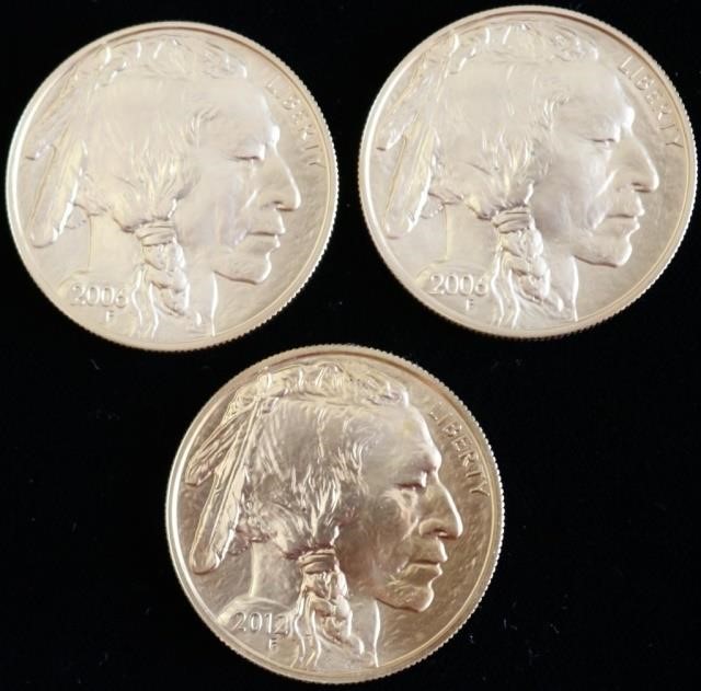 Appraisal: THREE BUFFALO GOLD COINS OZT EACH UNC