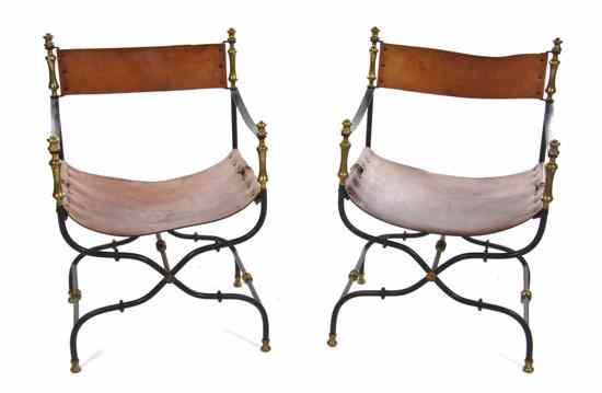 Appraisal: A Pair of Iron Brass and Leather Curule Armchairs the