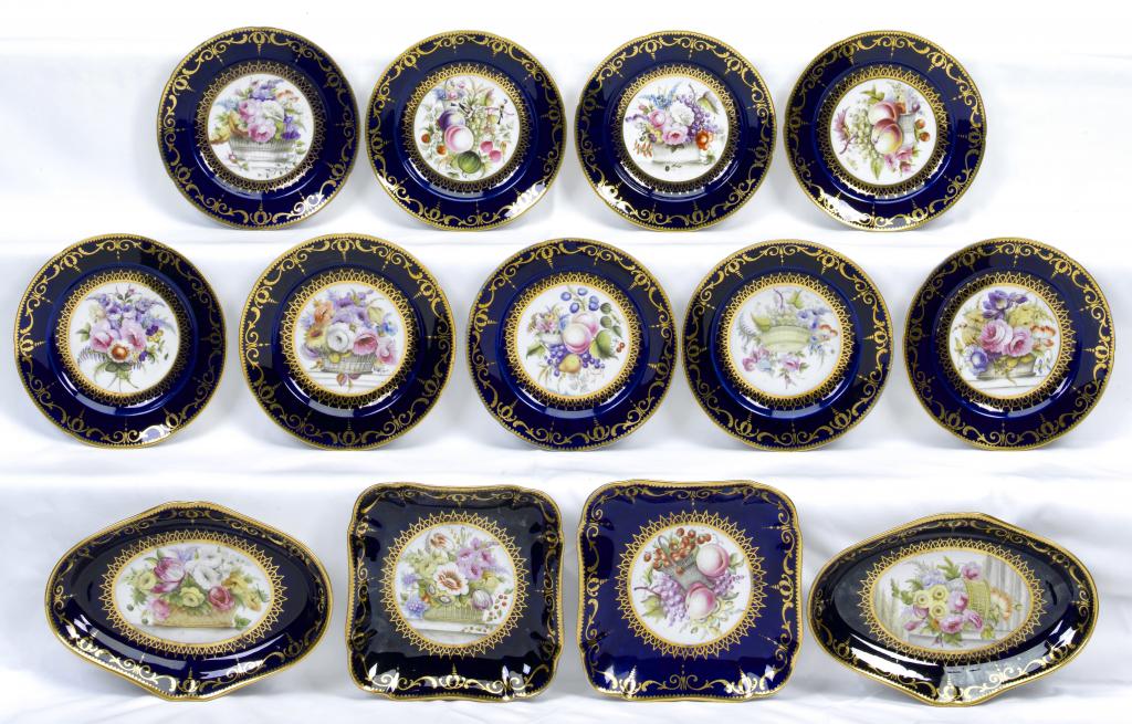 Appraisal: A FINE COALPORT MAZARINE GROUND DESSERT SERVICE painted with baskets