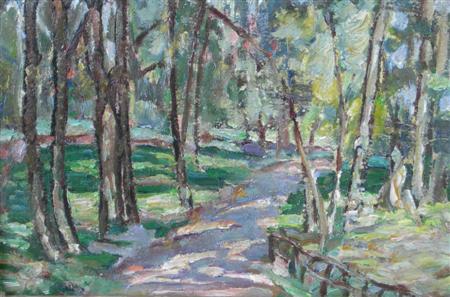 Appraisal: MARY SUTHERLAND HUNTER SCOTTISH FL - BIRCH WOOD Oil on