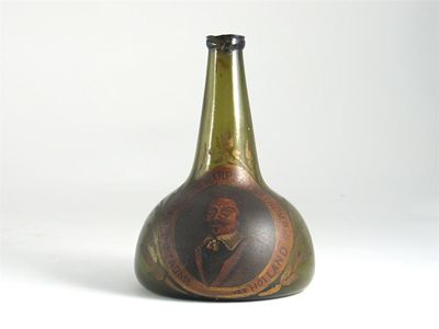 Appraisal: A Dutch green glass bottle painted with a portrait of