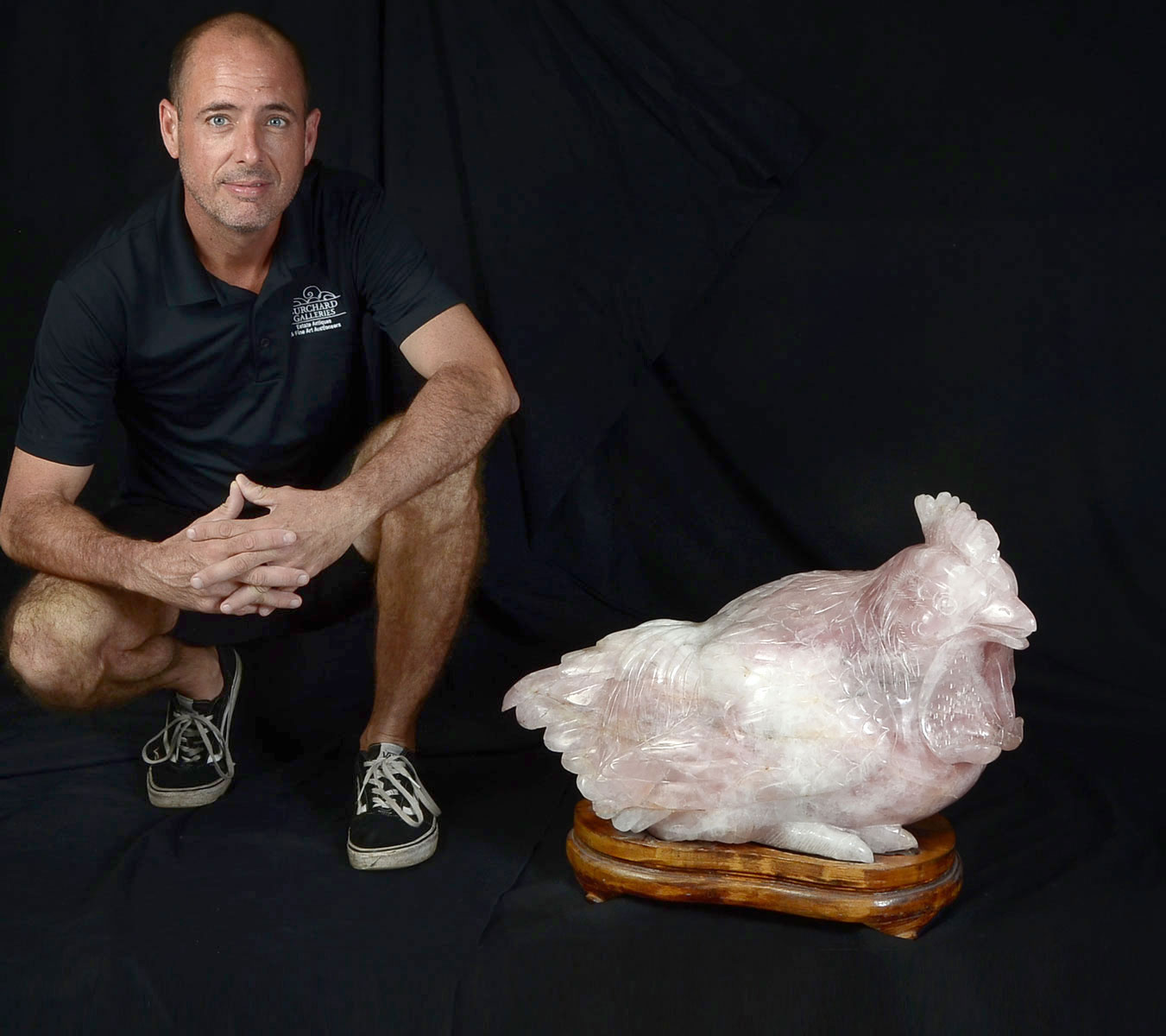 Appraisal: LARGE QUARTZ CHICKEN WITH STAND Carved Rose Quartz in the