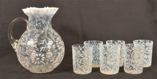 Appraisal: Opalescent Glass Spanish Lace Piece Water Set Opalescent Colorless Glass