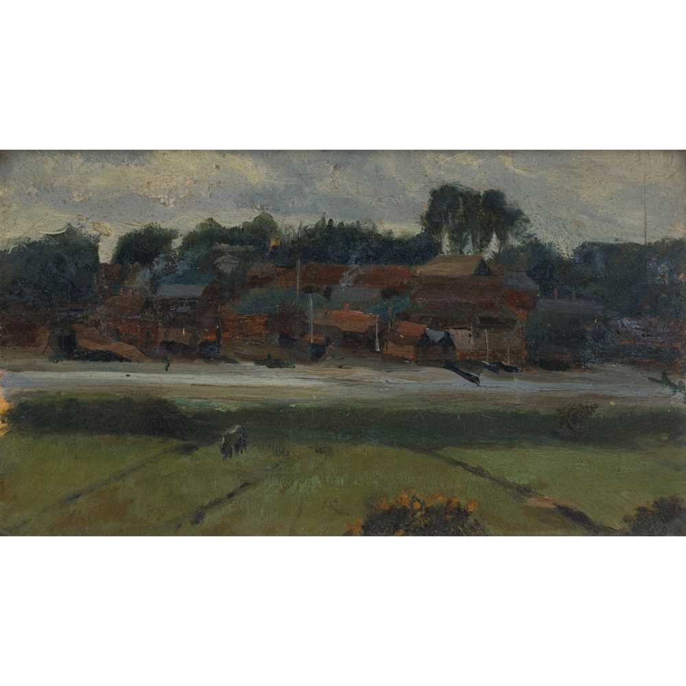 Appraisal: ATTRIBUTED TO VEREKER MONTEITH HAMILTON A RIVER LANDSCAPE WITH BOATYARD