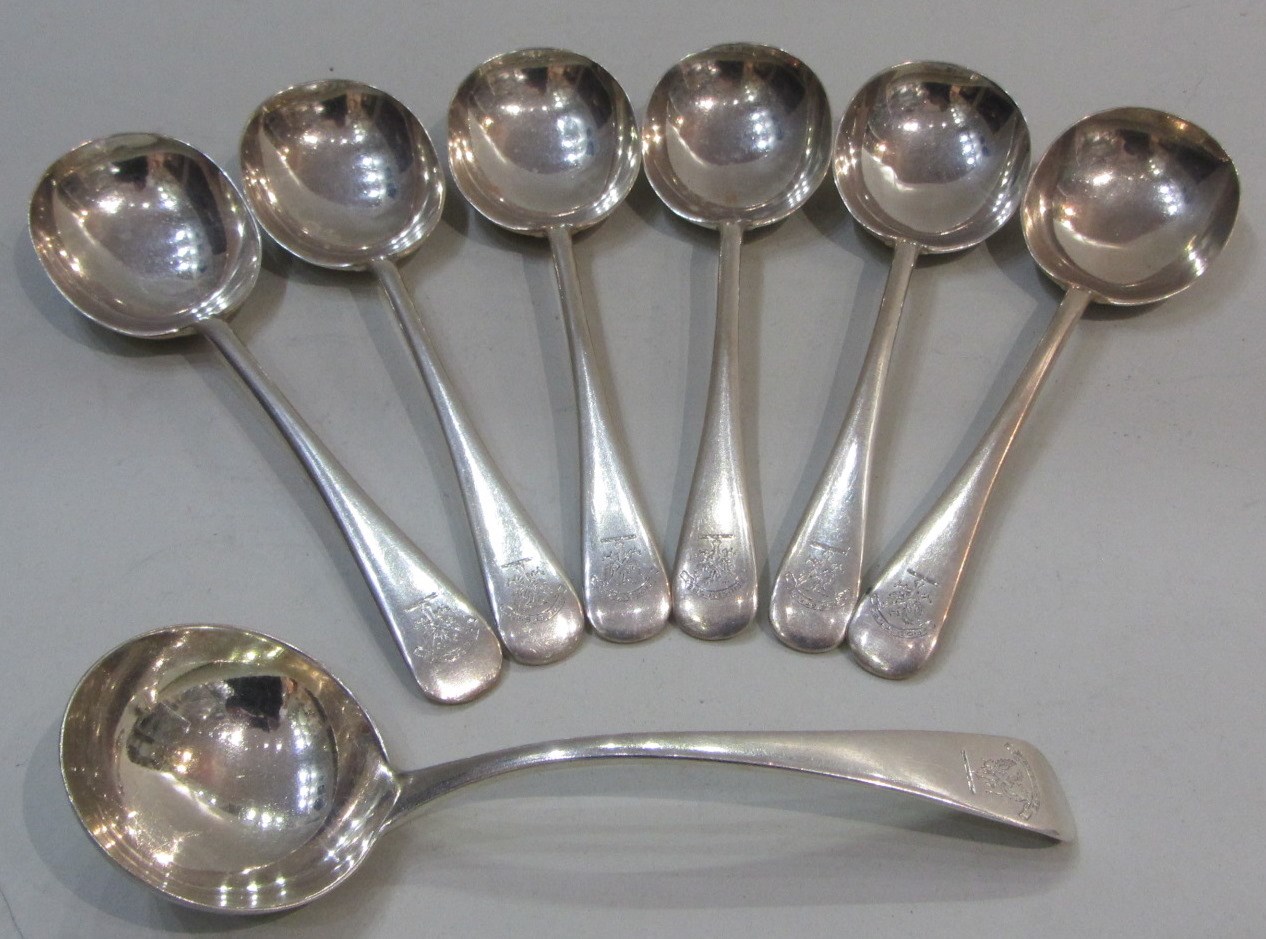 Appraisal: A set of six silver Old English pattern soup spoons