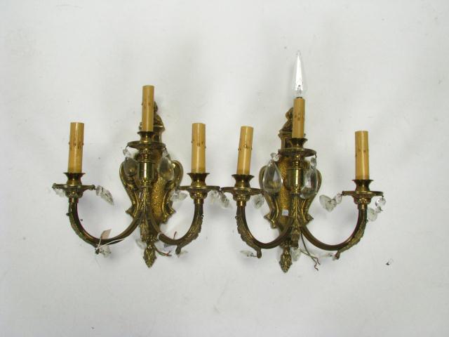 Appraisal: Pair of Electrified Cast Brass Three Branch Sconces With Prisms