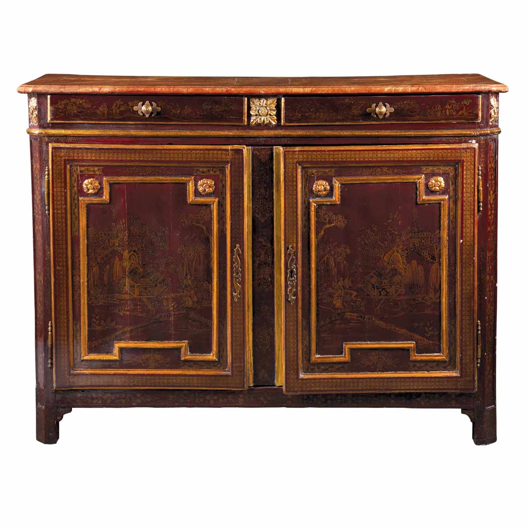 Appraisal: Provincial Louis XVI Red Lacquered Buffet The faux painted rectangular