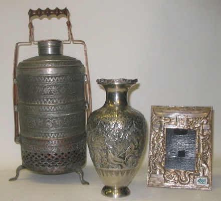 Appraisal: A GROUP OF THREE ASIAN SILVERED OBJECTS One is a