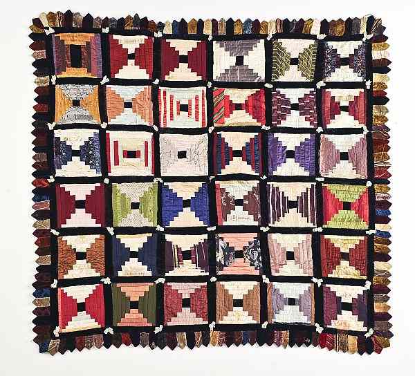 Appraisal: Victorian silk and velvet log cabin quilt x together with