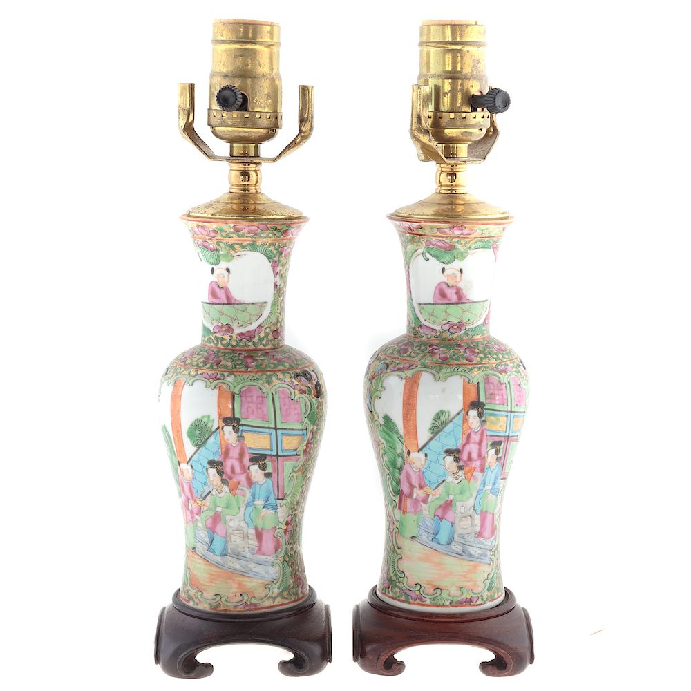 Appraisal: Pair Chinese Export Rose Medallion Vase Lamps circa mounted on