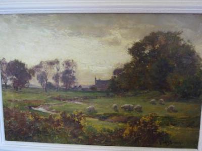 Appraisal: OWEN BOWEN - Sheep Grazing in a River Meadow oil