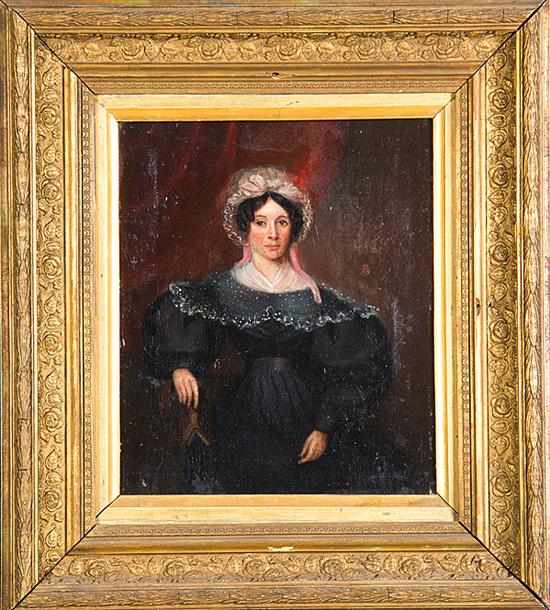 Appraisal: American school th century PORTRAIT OF WOMAN IN LACE BONNET