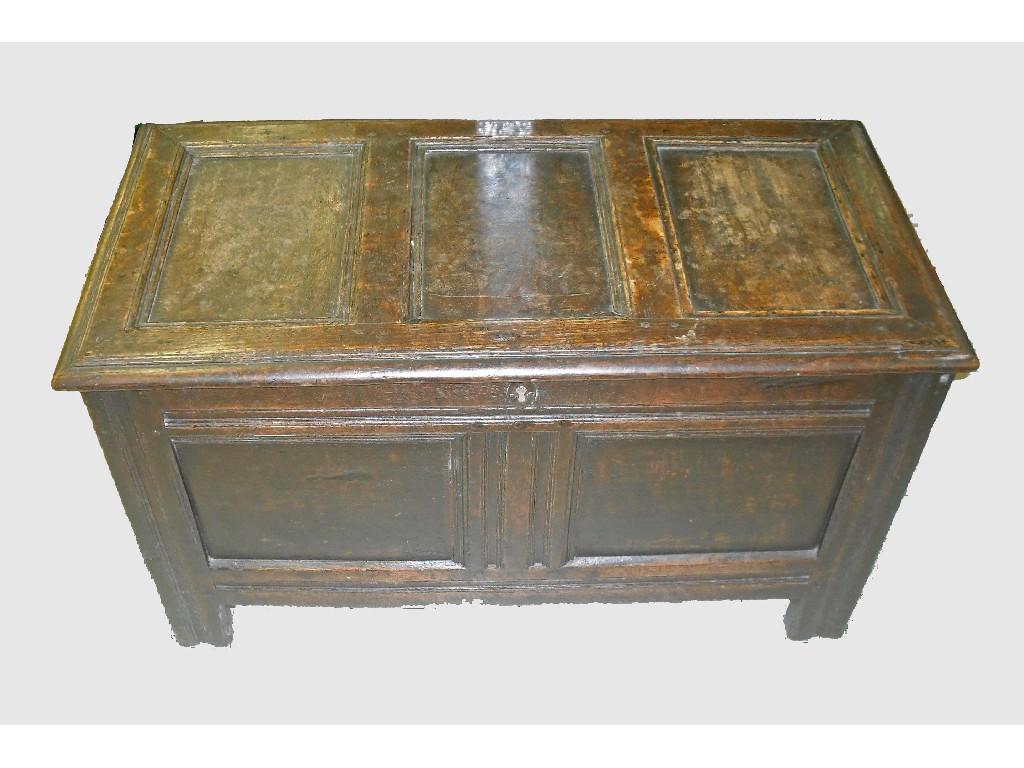 Appraisal: th century oak coffer the triple panelled hinged lid over