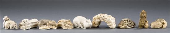 Appraisal: Group of carved ivory bone rat netsukes th century rats