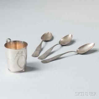 Appraisal: Silver Christening Cup and Three Coin Silver Tablespoons early th