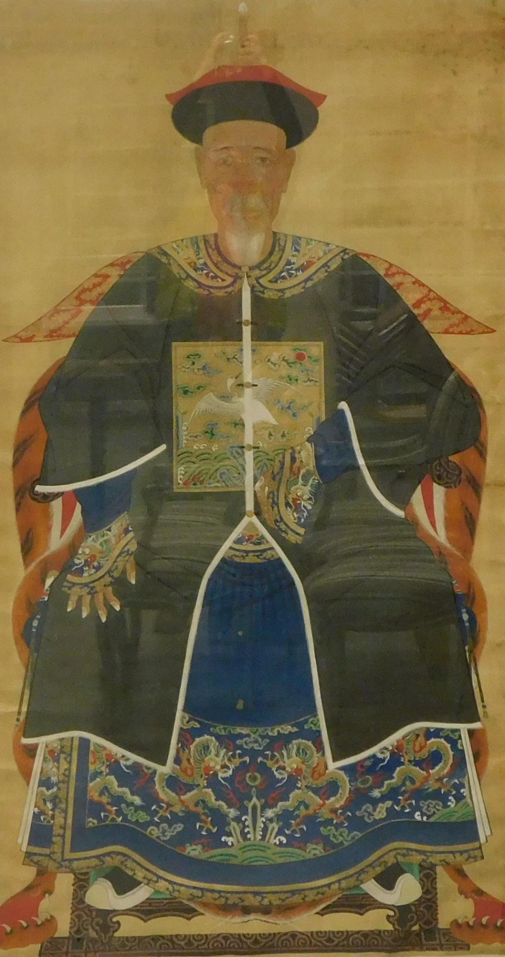 Appraisal: ASIAN Large Chinese ancestral portrait watercolor and gouache on silk