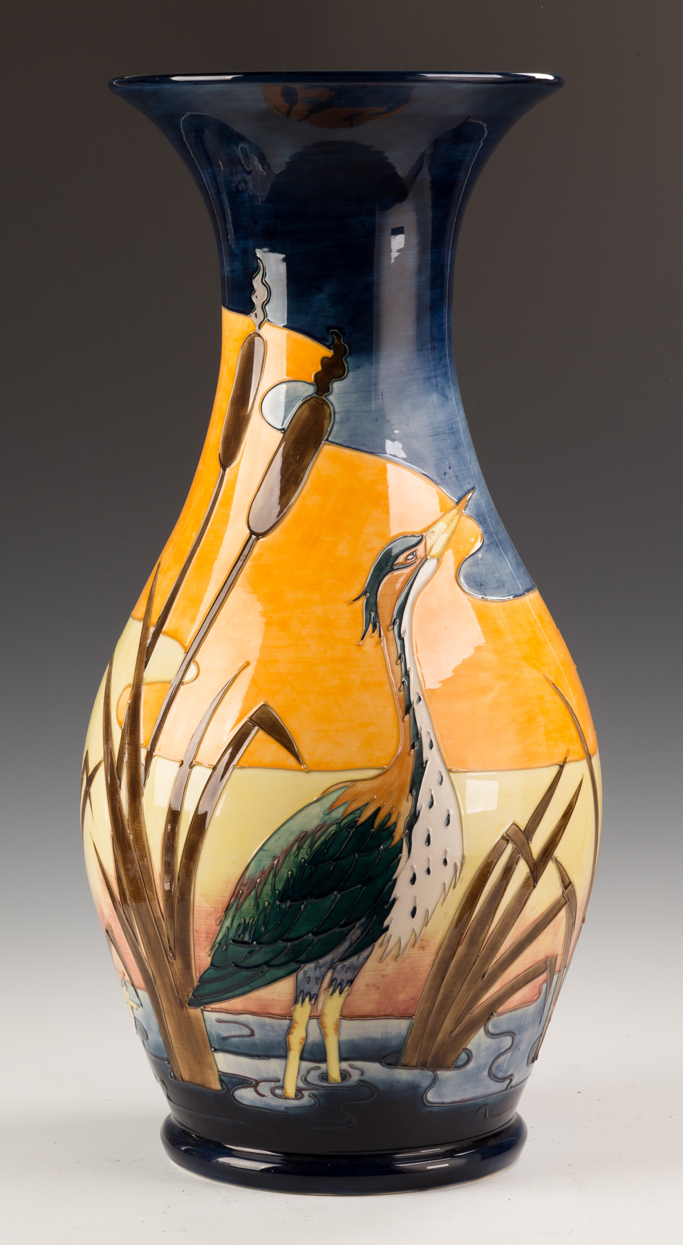 Appraisal: Contemporary Moorcroft Floor Vase with a Heron Cattails and Sunset