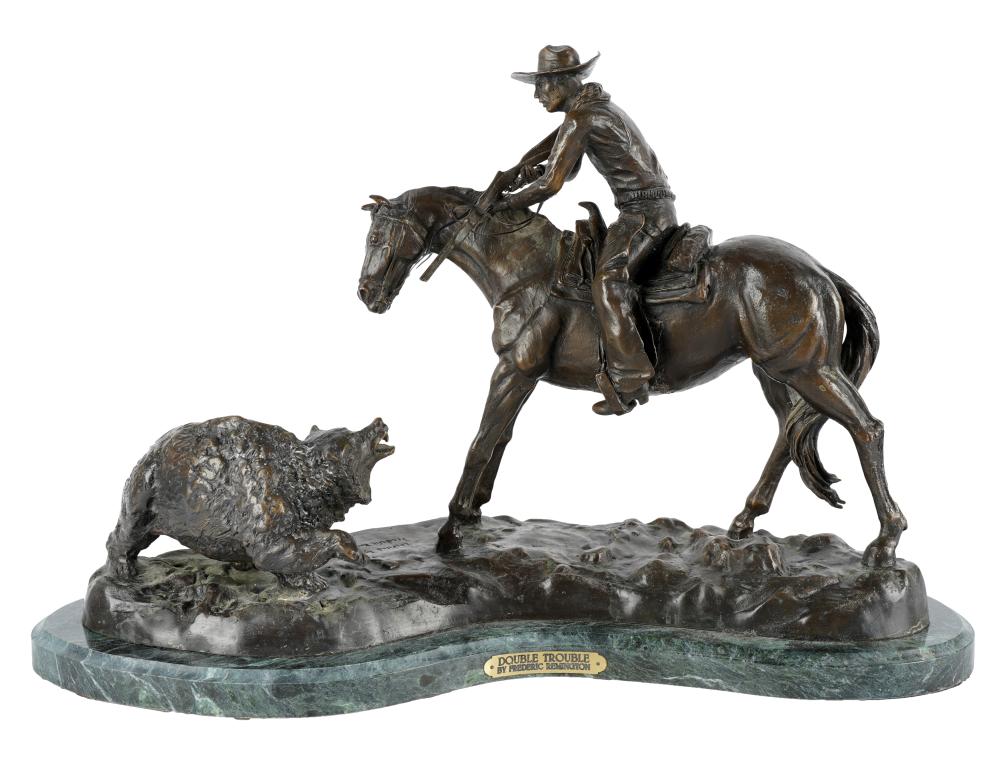 Appraisal: STYLE OF FREDERIC REMINGTON DOUBLE TROUBLEbronze mounted on marble base