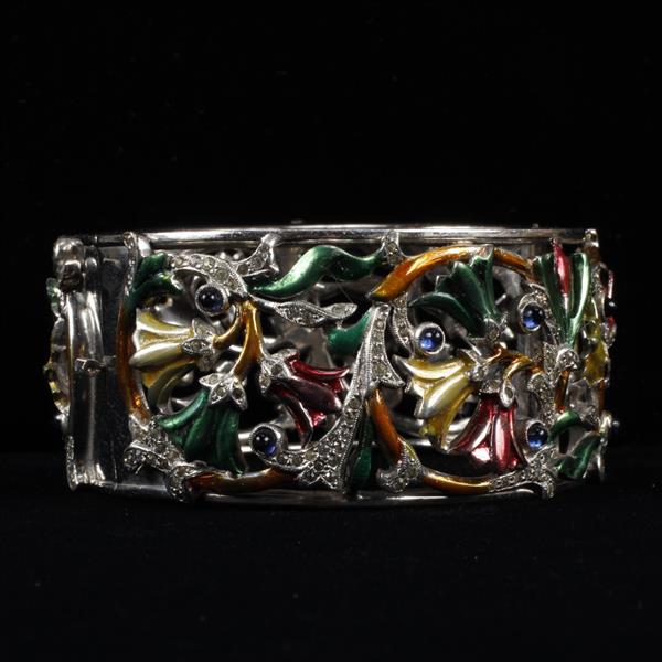 Appraisal: Unmarked Metallic Enameled Pave Rhinestone Floral Rhodium Plated Cuff Bracelet