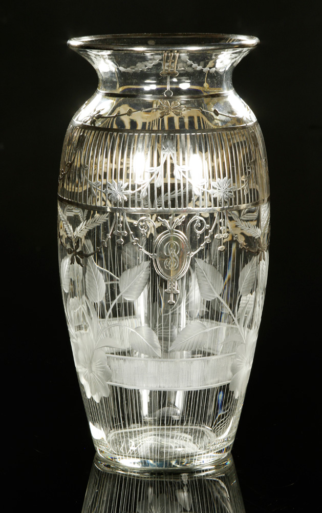 Appraisal: - Silver Overlay Vase Silver overlay vase with cut work