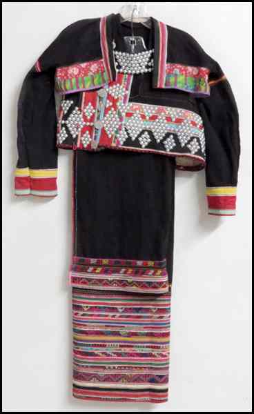 Appraisal: CHINESE MIAO CULTURE EMBROIDERED BLACK COTTON ENSEMBLE Comprised of a