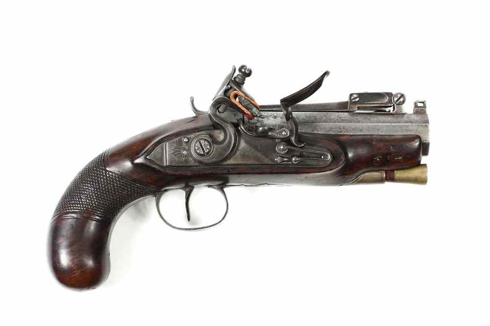 Appraisal: SHORT FLINTLOCK PISTOL - Irish Short Flintlock Pistol with top-mounted