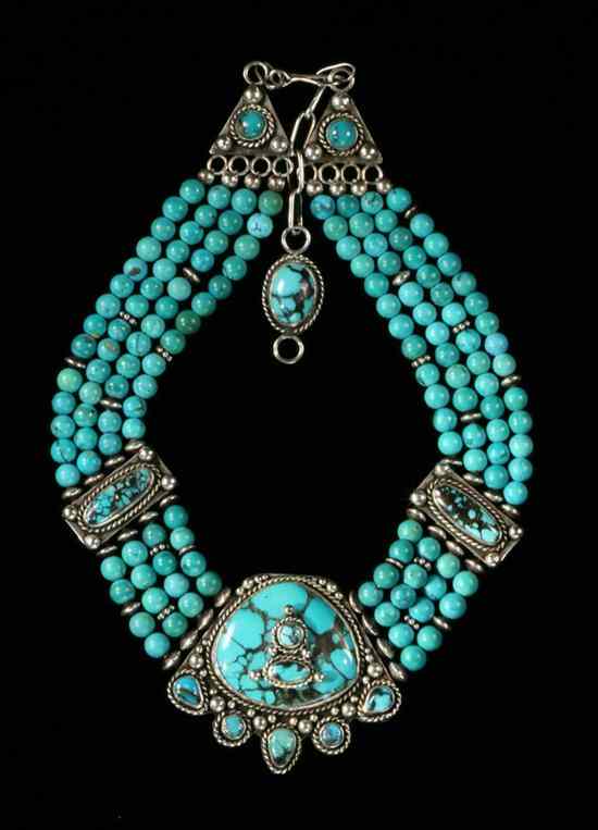 Appraisal: SILVER AND TURQUOISE BEAD CHOKER Triple strands of matched mm