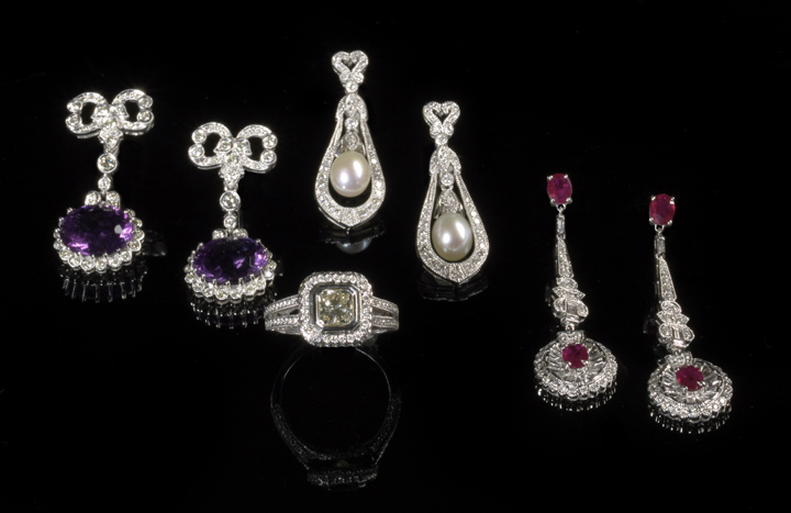 Appraisal: Pair of Eighteen-Karat White Gold Ruby and Diamond Drop Earrings