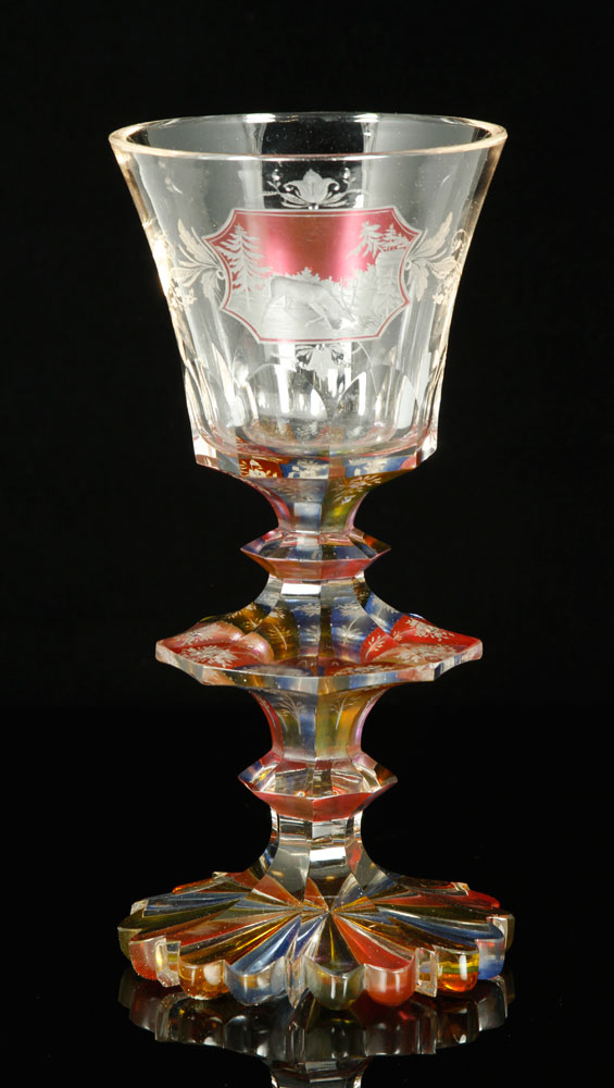 Appraisal: - th C Bohemian Engraved Stained Glass Goblet Bohemian engraved