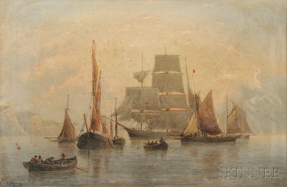 Appraisal: British School th Century Harbor View with Ships Signed R