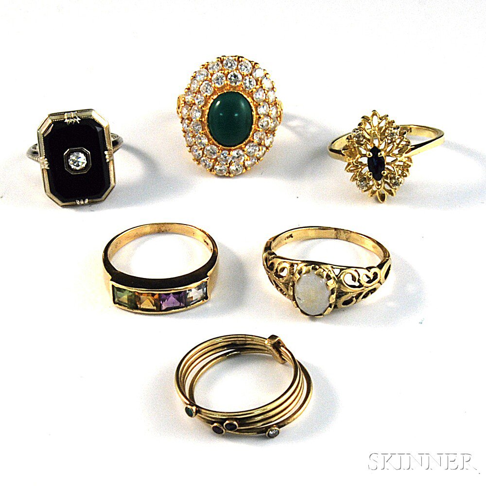 Appraisal: Six Mostly kt Gold Gem-set Rings stones include opal sapphire