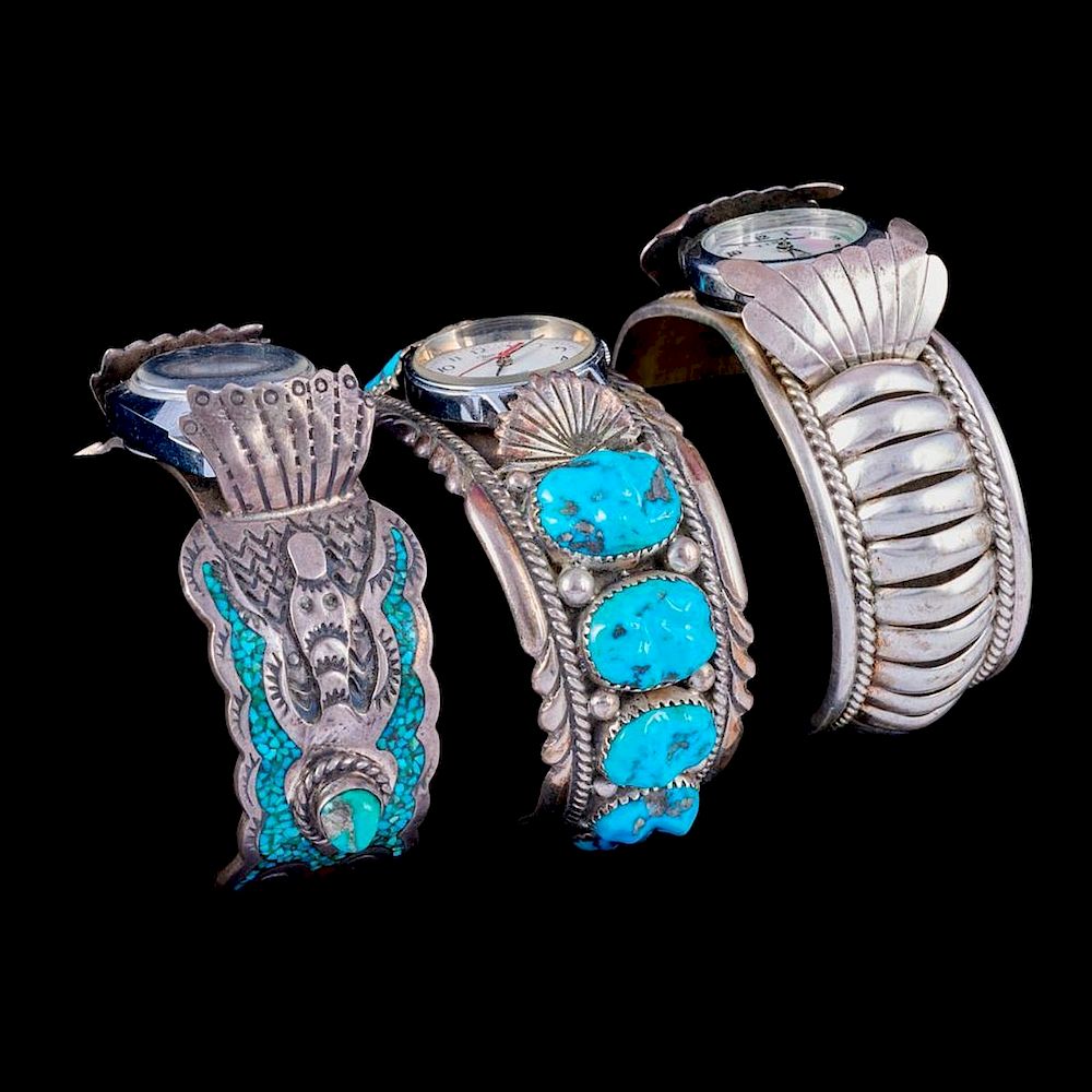 Appraisal: NAVAJO WATCH CUFF BRACELETS Three Old Pawn Southwest turquoise silver