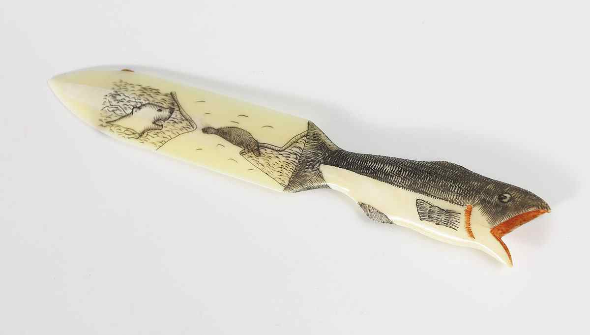 Appraisal: FRANK ELLANNA SCRIMSHAW IVORY LETTER OPENER From noted Alaskan artist