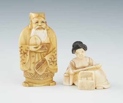 Appraisal: Two Carved Ivory Netsuke Containing a standing wise man holding