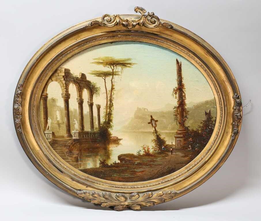 Appraisal: M STRAUS CLASSICAL LANDSCAPE WITH SHRINE th century oil on