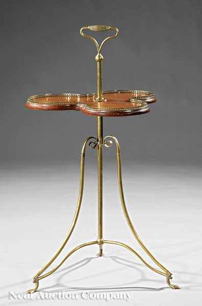 Appraisal: A Brass and Wood Occasional Table trefoil top with reticulated