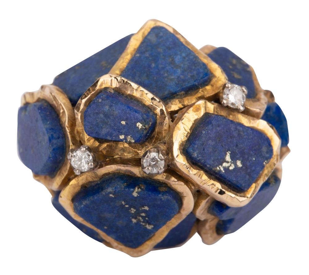 Appraisal: KARAT YELLOW GOLD DIAMOND LAPIS LAZULI RINGcomprising pieces of free-form