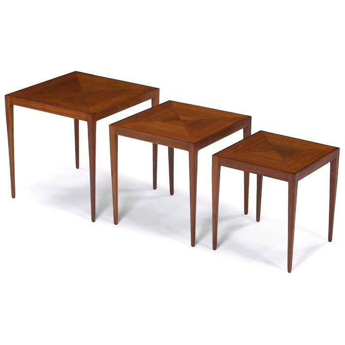 Appraisal: Directional nesting tables three mahogany square tops with geometric inlay