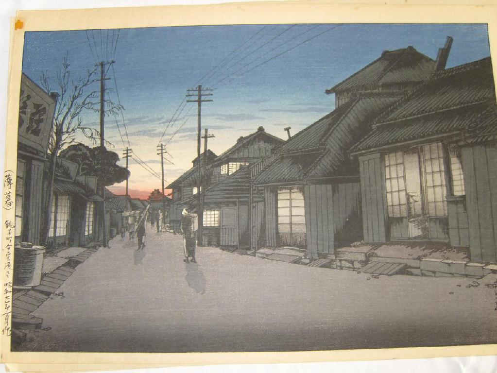 Appraisal: Three early th century Japanese woodcuts showing moonlit scenes with