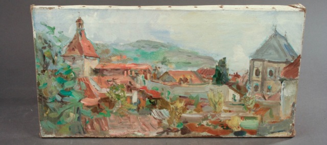 Appraisal: th c Oil on Canvas Untitled Abstract Village Scene Unsigned