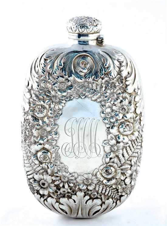 Appraisal: Tiffany Co sterling flask circa floral and scrolling repousse ovoid